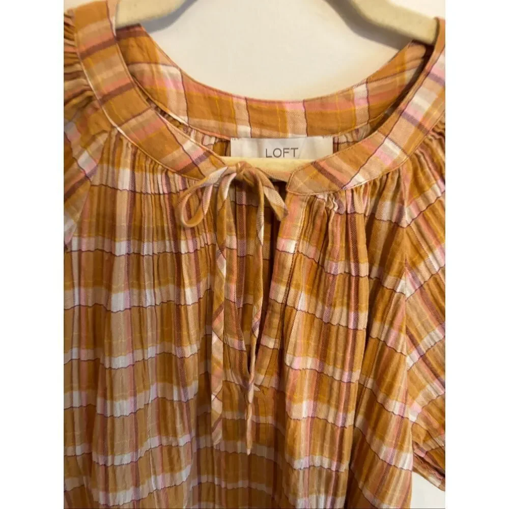 LOFT Yellow Plaid Tie Front Blouse Small Puff Sleeve Lightweight Cotton